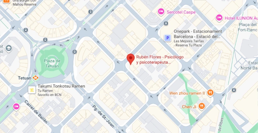 Dirección Google Maps Mapa consulta Barcelona Rubén Flores - Psicólogo y psicoterapeuta psicodinámico